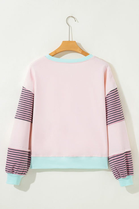 Contrast Trim Striped Sleeve Relaxed Fit Pullover Sweatshirt