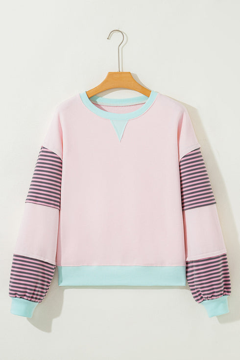 Contrast Trim Striped Sleeve Relaxed Fit Pullover Sweatshirt