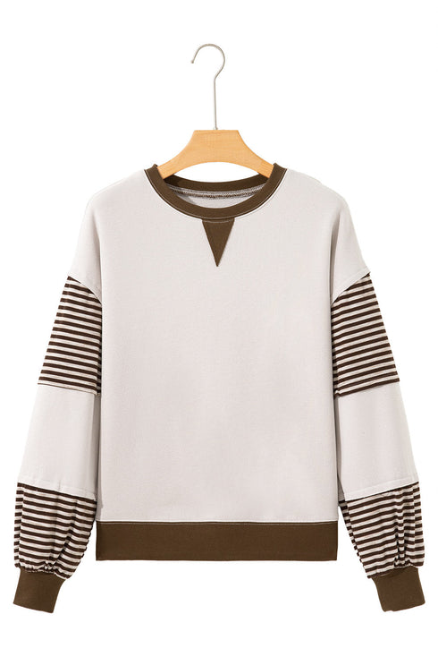 Contrast Trim Striped Sleeve Relaxed Fit Pullover Sweatshirt
