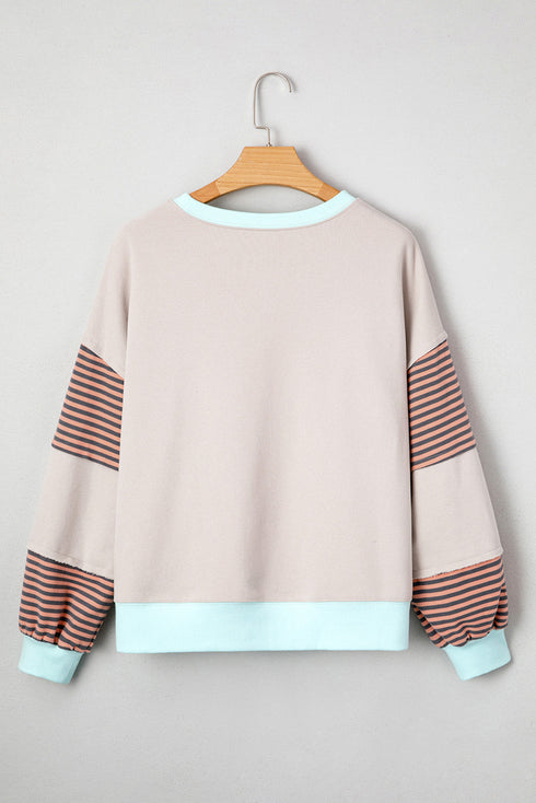 Contrast Trim Striped Sleeve Relaxed Fit Pullover Sweatshirt