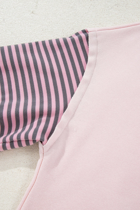 Contrast Trim Striped Sleeve Relaxed Fit Pullover Sweatshirt