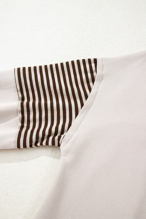 Contrast Trim Striped Sleeve Relaxed Fit Pullover Sweatshirt