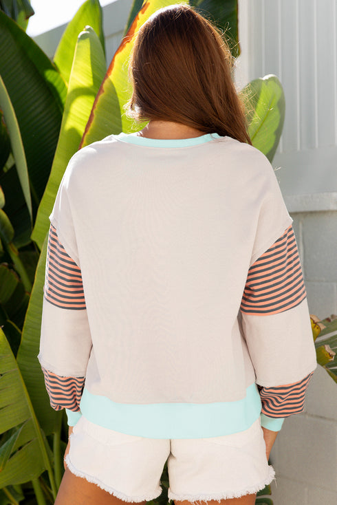 Contrast Trim Striped Sleeve Relaxed Fit Pullover Sweatshirt