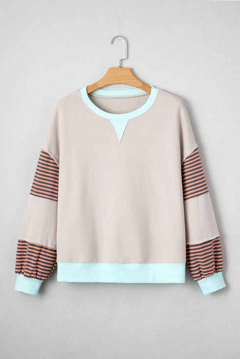 Contrast Trim Striped Sleeve Relaxed Fit Pullover Sweatshirt