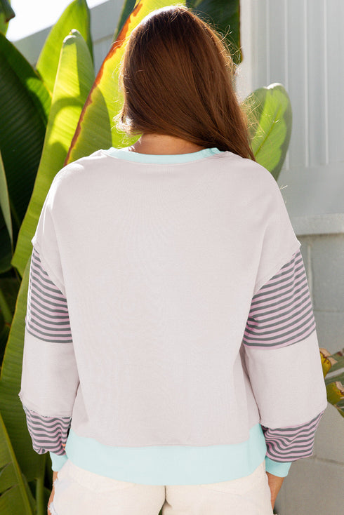 Contrast Trim Striped Sleeve Relaxed Fit Pullover Sweatshirt