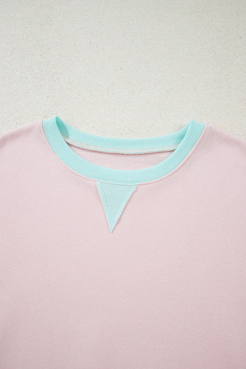 Contrast Trim Striped Sleeve Relaxed Fit Pullover Sweatshirt