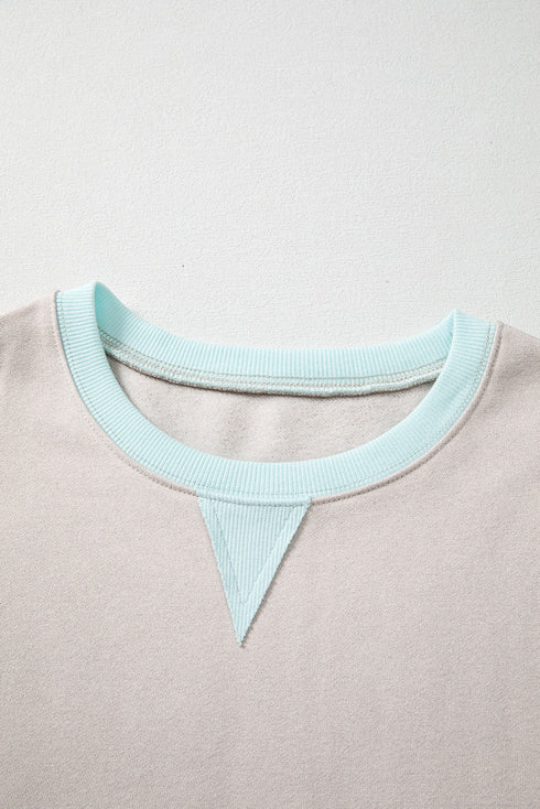 Contrast Trim Striped Sleeve Relaxed Fit Pullover Sweatshirt