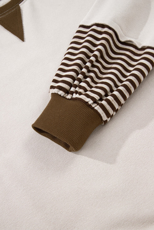 Contrast Trim Striped Sleeve Relaxed Fit Pullover Sweatshirt