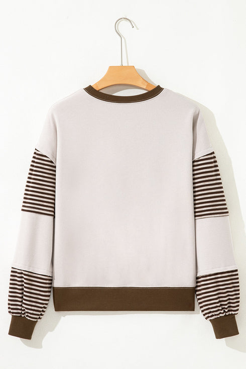 Contrast Trim Striped Sleeve Relaxed Fit Pullover Sweatshirt
