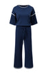 Contrast Trim Textured Knit Half Sleeve Drop Shoulder Drawstring Waist Wide Leg Two Piece Pant Set