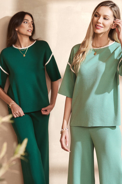 Contrast Trim Textured Knit Half Sleeve Drop Shoulder Drawstring Waist Wide Leg Two Piece Pant Set