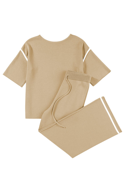 Contrast Trim Textured Knit Half Sleeve Drop Shoulder Drawstring Waist Wide Leg Two Piece Pant Set