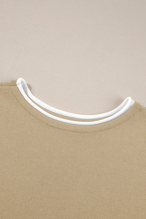 Contrast Trim Textured Knit Half Sleeve Drop Shoulder Drawstring Waist Wide Leg Two Piece Pant Set