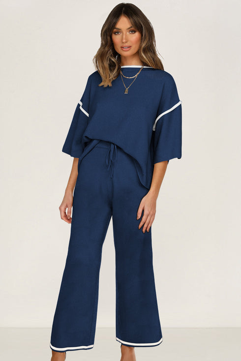 Contrast Trim Textured Knit Half Sleeve Drop Shoulder Drawstring Waist Wide Leg Two Piece Pant Set
