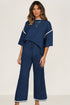 Contrast Trim Textured Knit Half Sleeve Drop Shoulder Drawstring Waist Wide Leg Two Piece Pant Set