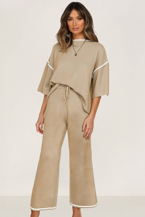 Contrast Trim Textured Knit Half Sleeve Drop Shoulder Drawstring Waist Wide Leg Two Piece Pant Set
