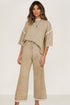 Contrast Trim Textured Knit Half Sleeve Drop Shoulder Drawstring Waist Wide Leg Two Piece Pant Set