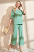Contrast Trim Textured Knit Half Sleeve Drop Shoulder Drawstring Waist Wide Leg Two Piece Pant Set