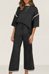 Contrast Trim Textured Knit Half Sleeve Drop Shoulder Drawstring Waist Wide Leg Two Piece Pant Set