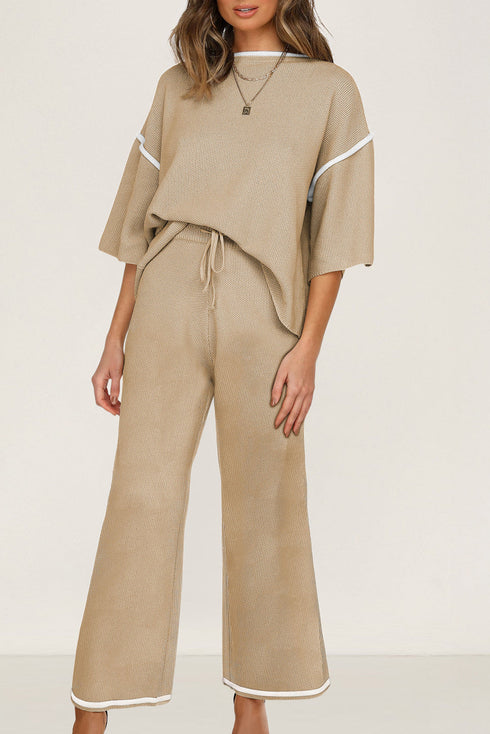Contrast Trim Textured Knit Half Sleeve Drop Shoulder Drawstring Waist Wide Leg Two Piece Pant Set