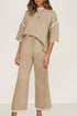 Contrast Trim Textured Knit Half Sleeve Drop Shoulder Drawstring Waist Wide Leg Two Piece Pant Set