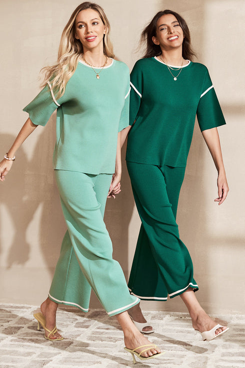 Contrast Trim Textured Knit Half Sleeve Drop Shoulder Drawstring Waist Wide Leg Two Piece Pant Set