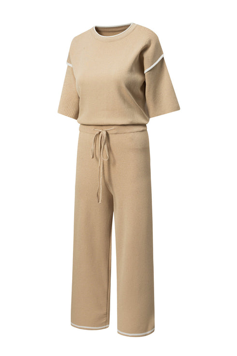 Contrast Trim Textured Knit Half Sleeve Drop Shoulder Drawstring Waist Wide Leg Two Piece Pant Set