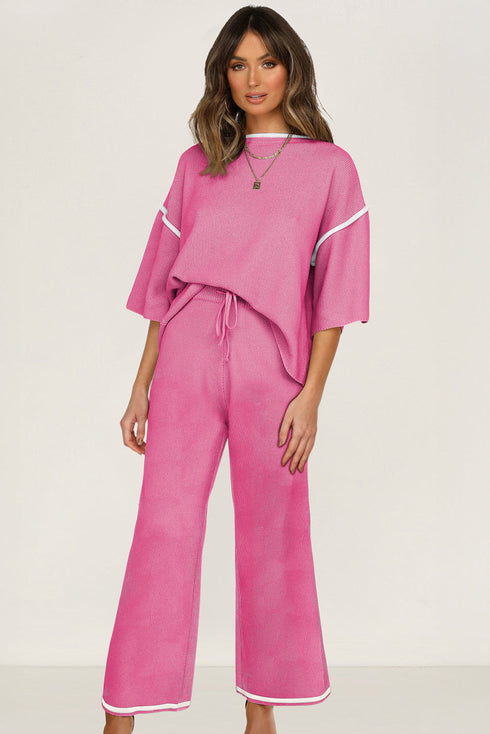 Contrast Trim Textured Knit Half Sleeve Drop Shoulder Drawstring Waist Wide Leg Two Piece Pant Set