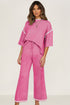 Contrast Trim Textured Knit Half Sleeve Drop Shoulder Drawstring Waist Wide Leg Two Piece Pant Set