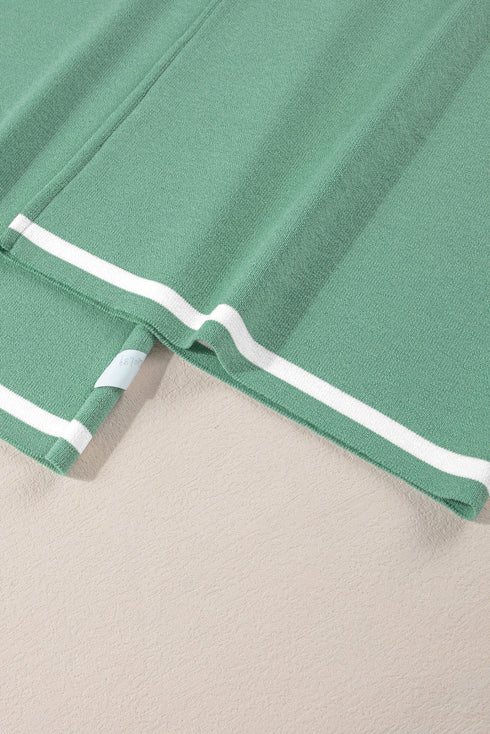 Contrast Trim Textured Knit Half Sleeve Drop Shoulder Drawstring Waist Wide Leg Two Piece Pant Set