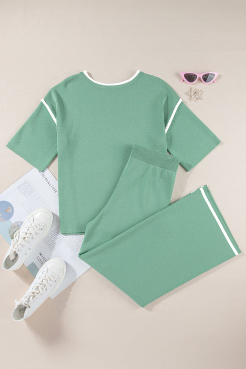 Contrast Trim Textured Knit Half Sleeve Drop Shoulder Drawstring Waist Wide Leg Two Piece Pant Set