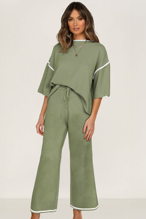 Contrast Trim Textured Knit Half Sleeve Drop Shoulder Drawstring Waist Wide Leg Two Piece Pant Set