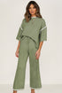 Contrast Trim Textured Knit Half Sleeve Drop Shoulder Drawstring Waist Wide Leg Two Piece Pant Set