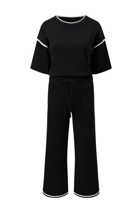 Contrast Trim Textured Knit Half Sleeve Drop Shoulder Drawstring Waist Wide Leg Two Piece Pant Set