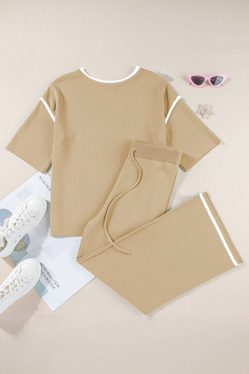 Contrast Trim Textured Knit Half Sleeve Drop Shoulder Drawstring Waist Wide Leg Two Piece Pant Set