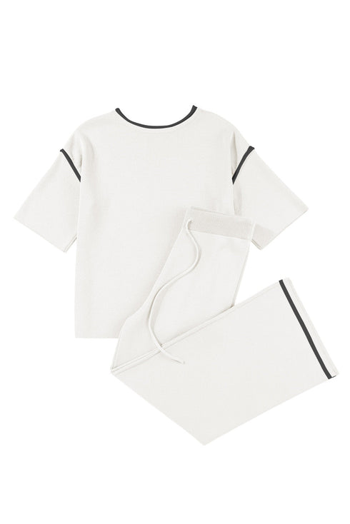 Contrast Trim Textured Knit Half Sleeve Drop Shoulder Drawstring Waist Wide Leg Two Piece Pant Set