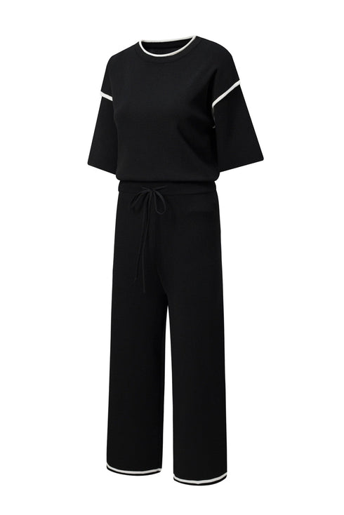 Contrast Trim Textured Knit Half Sleeve Drop Shoulder Drawstring Waist Wide Leg Two Piece Pant Set