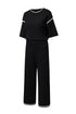 Contrast Trim Textured Knit Half Sleeve Drop Shoulder Drawstring Waist Wide Leg Two Piece Pant Set