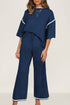Contrast Trim Textured Knit Half Sleeve Drop Shoulder Drawstring Waist Wide Leg Two Piece Pant Set