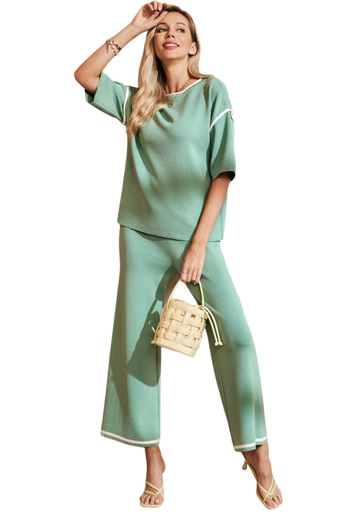 Contrast Trim Textured Knit Half Sleeve Drop Shoulder Drawstring Waist Wide Leg Two Piece Pant Set