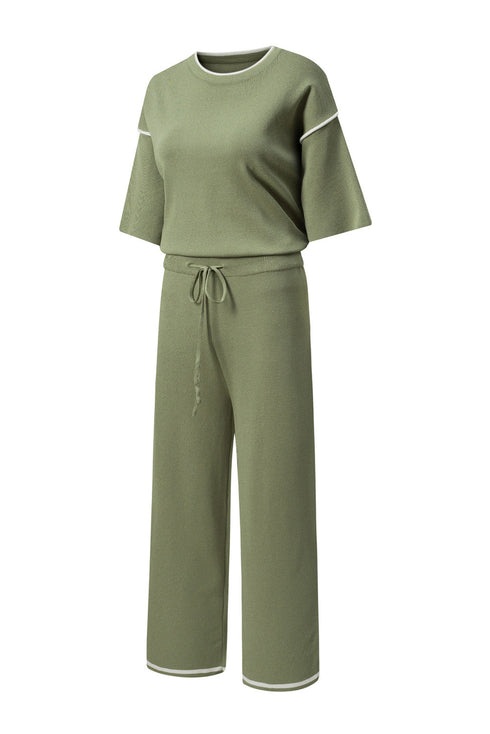 Contrast Trim Textured Knit Half Sleeve Drop Shoulder Drawstring Waist Wide Leg Two Piece Pant Set