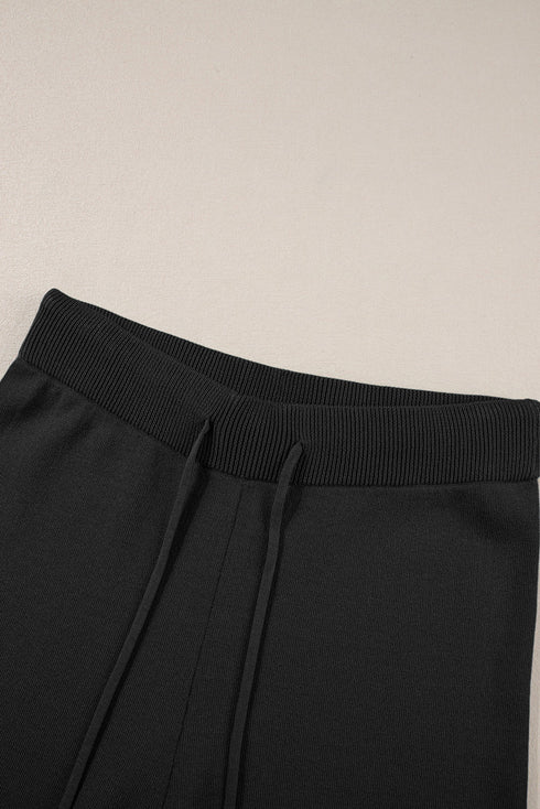 Contrast Trim Textured Knit Half Sleeve Drop Shoulder Drawstring Waist Wide Leg Two Piece Pant Set