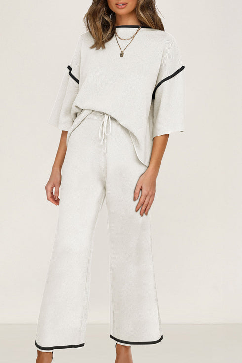 Contrast Trim Textured Knit Half Sleeve Drop Shoulder Drawstring Waist Wide Leg Two Piece Pant Set