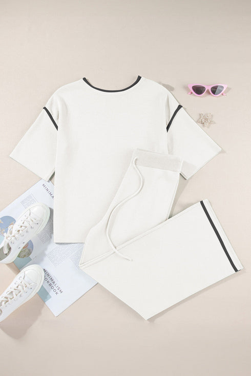 Contrast Trim Textured Knit Half Sleeve Drop Shoulder Drawstring Waist Wide Leg Two Piece Pant Set