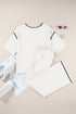 Contrast Trim Textured Knit Half Sleeve Drop Shoulder Drawstring Waist Wide Leg Two Piece Pant Set
