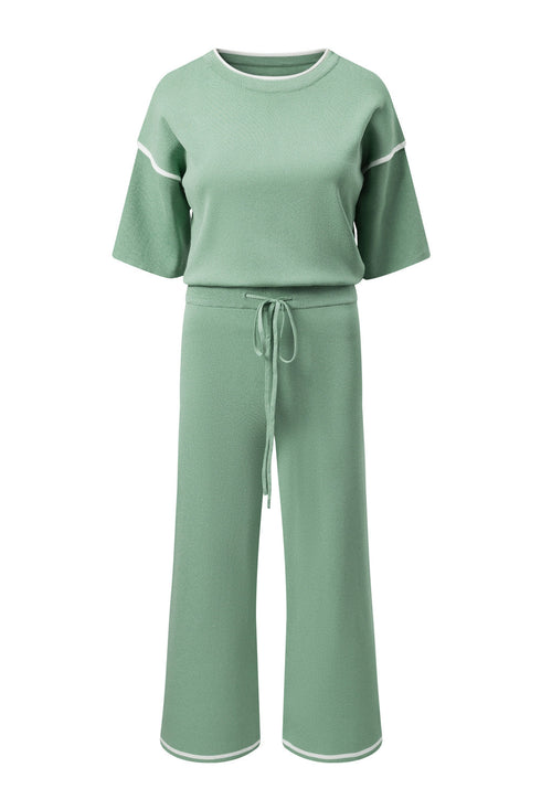 Contrast Trim Textured Knit Half Sleeve Drop Shoulder Drawstring Waist Wide Leg Two Piece Pant Set