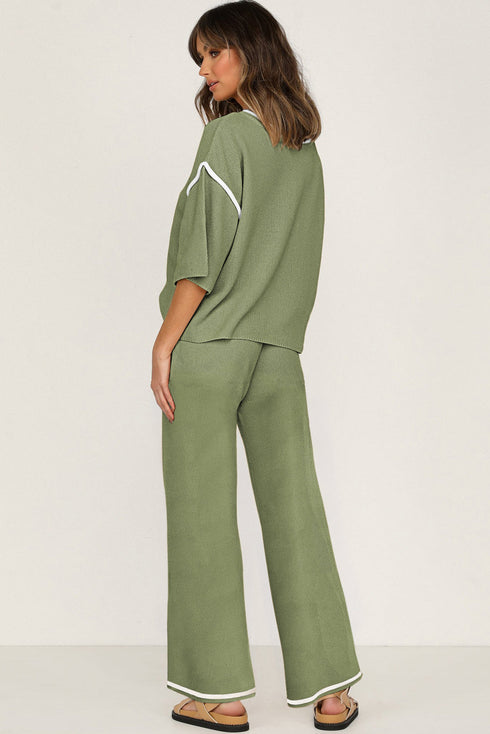 Contrast Trim Textured Knit Half Sleeve Drop Shoulder Drawstring Waist Wide Leg Two Piece Pant Set