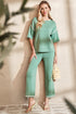 Contrast Trim Textured Knit Half Sleeve Drop Shoulder Drawstring Waist Wide Leg Two Piece Pant Set