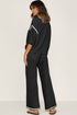 Contrast Trim Textured Knit Half Sleeve Drop Shoulder Drawstring Waist Wide Leg Two Piece Pant Set