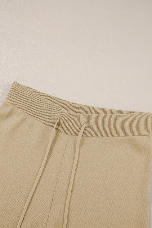 Contrast Trim Textured Knit Half Sleeve Drop Shoulder Drawstring Waist Wide Leg Two Piece Pant Set